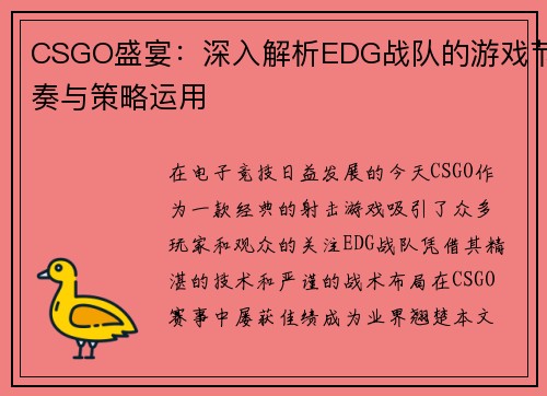 CSGO盛宴：深入解析EDG战队的游戏节奏与策略运用